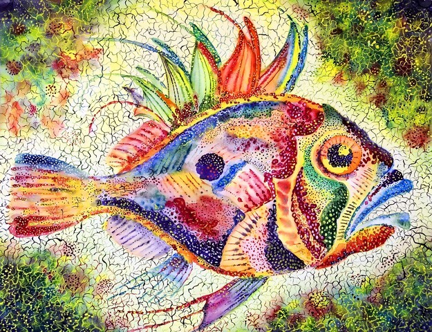 Bright stylized fish with a huge eye and prickly fins drawn on a water color paper